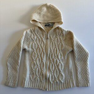 ARAN CRAFTS 100% Irish Ivory Wool Zip Up Hoodie Cardigan Sweater XS